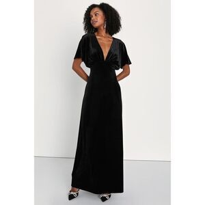 Lulus Mystical Charm Black Velvet Flutter Sleeve Maxi Dress - Size S